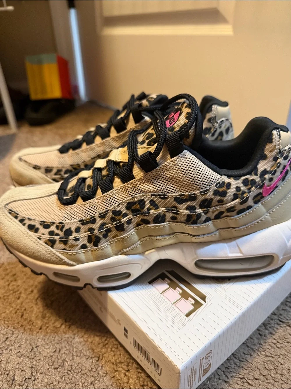 Nike Women's Beige Leopard Print Sneakers with Black and Pink Accents